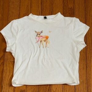 Girls White Short-Sleeve Tee with Deer Graphic and Pink Bow